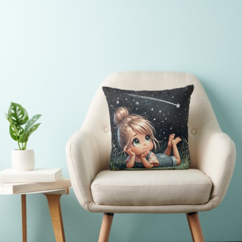 Little Girl Watching Shooting Star Throw Pillow