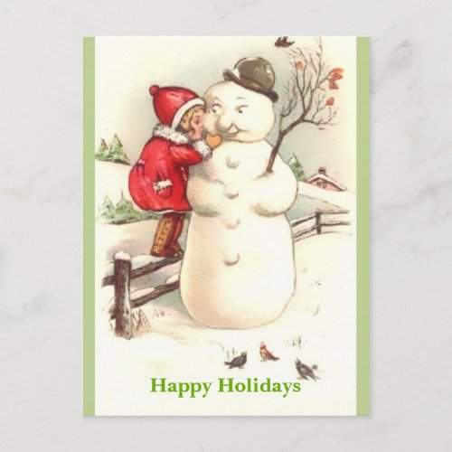 Little Girl Whispering to Snowman Happy Holidays Postcard