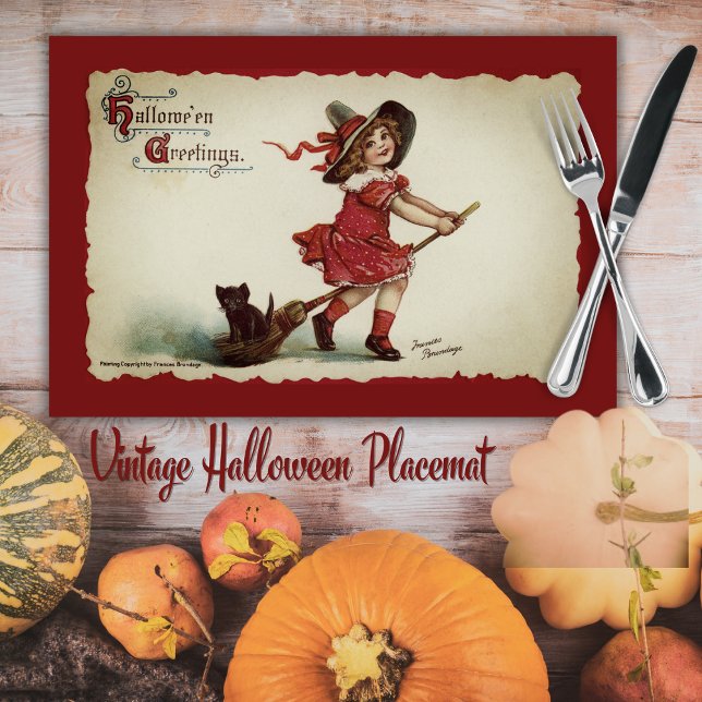 Little Girl Witch on Broom Vintage Halloween Placemat (Little Girl Witch on Broom Vintage Halloween Placemat)