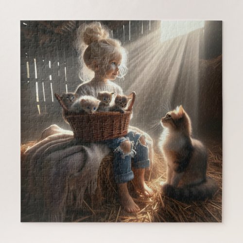 Little Girl With a Basket of Kittens Jigsaw Puzzle