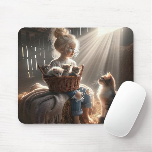 Little Girl With A Basket Of Kittens Mouse Pad
