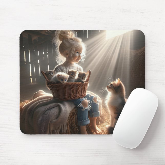 Little Girl With A Basket Of Kittens Mouse Pad (With Mouse)