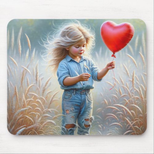 Little Girl With a Red Heart Balloon Mouse Pad