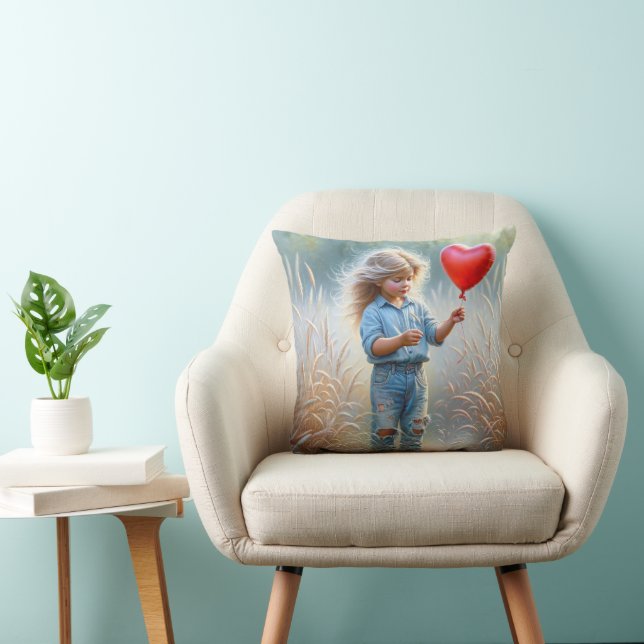 Little Girl With a Red Heart Balloon Throw Pillow (Chair)