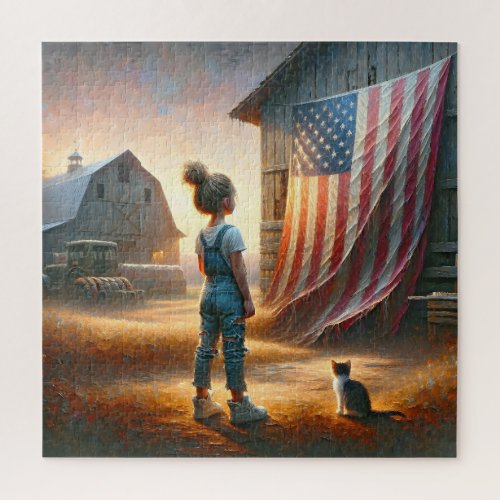 Little Girl With An American Flag On a Barn Jigsaw Puzzle