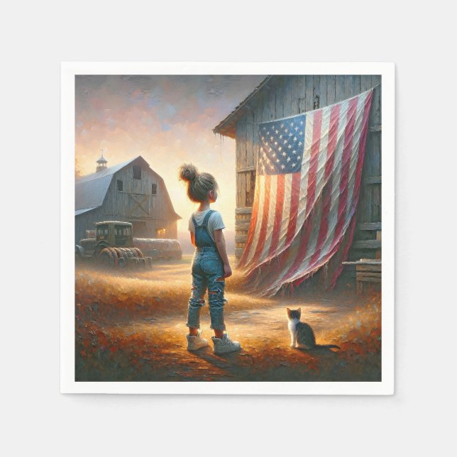 Little Girl With An American Flag On a Barn Napkins (Front)
