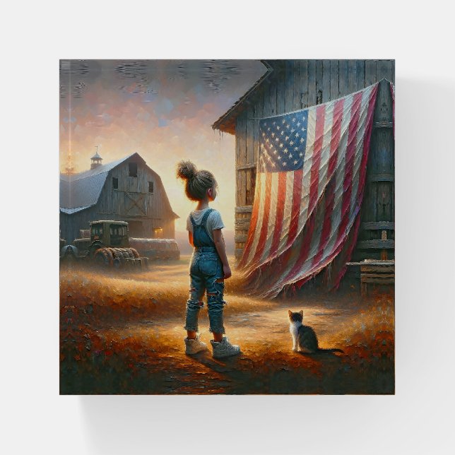 Little Girl With An American Flag On a Barn Paperweight (Front)