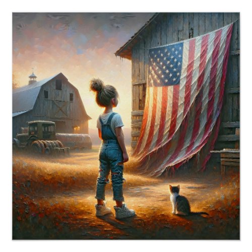 Little Girl With An American Flag On a Barn Poster