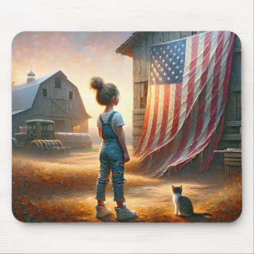 Little Girl With An American Flag On Old Barn Mouse Pad