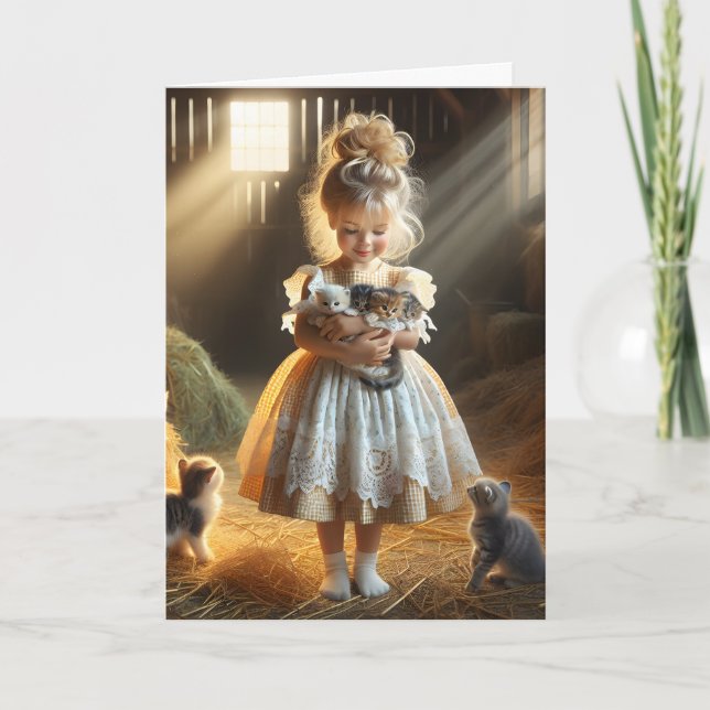 Little Girl With Barn Kittens Birthday Card (Front)