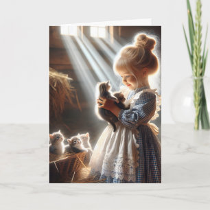 Little Girl With Barn Kittens for Birthday  Card