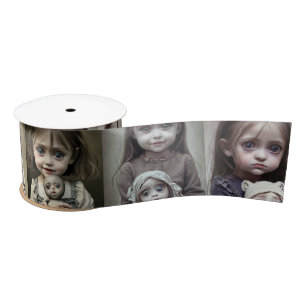 Little Girl with Big Eyes holding a Creepy Doll Satin Ribbon