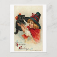 Little Girl with Black Kitten Holiday Postcard