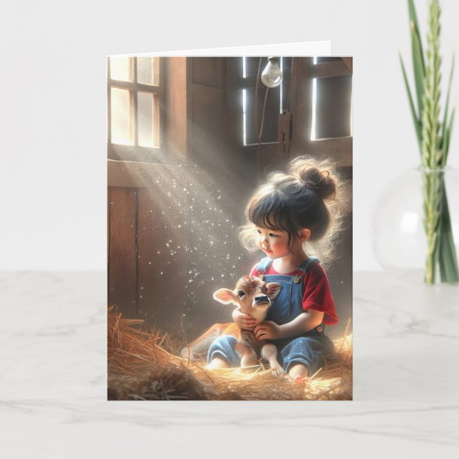Little Girl With Calf In Barn Card (Front)