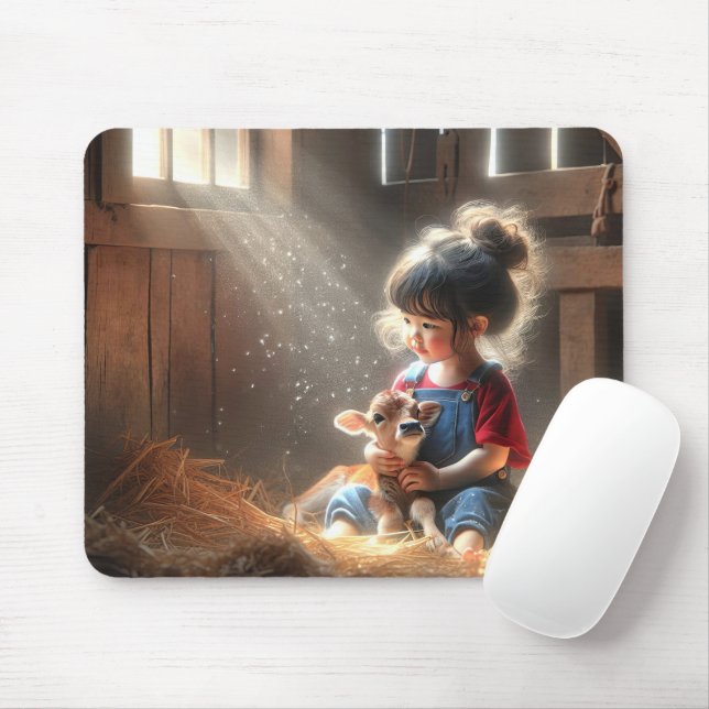 Little Girl With Calf In Sunbeams Mouse Pad (With Mouse)