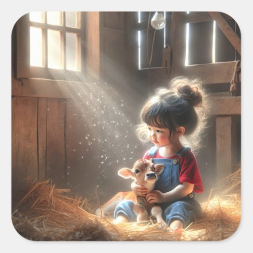 Little Girl With Calf In Sunbeams Square Sticker