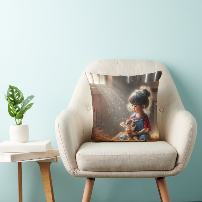 Little Girl With Calf In Sunbeams Throw Pillow (Chair)