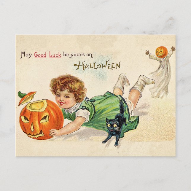 Little girl with carved pumpkin and black cat postcard (Front)