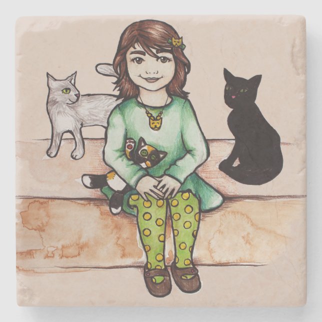 Little girl with cats stone coaster (Front)