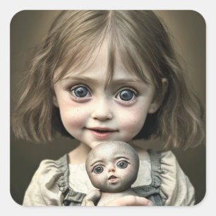Little Girl with Creepy Doll Eerie Ai Art Square Sticker