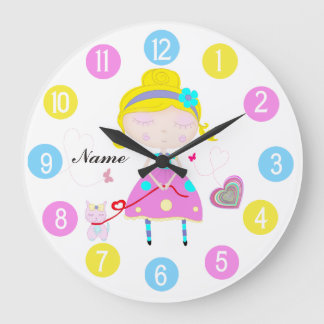 Little girl with cute cat multicolored large clock