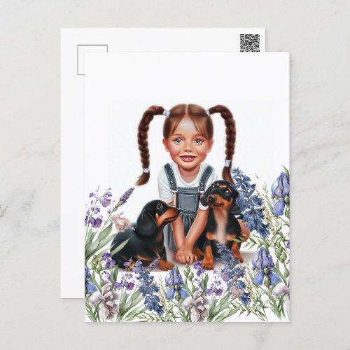 Little Girl with Dachshund Puppies Postcard
