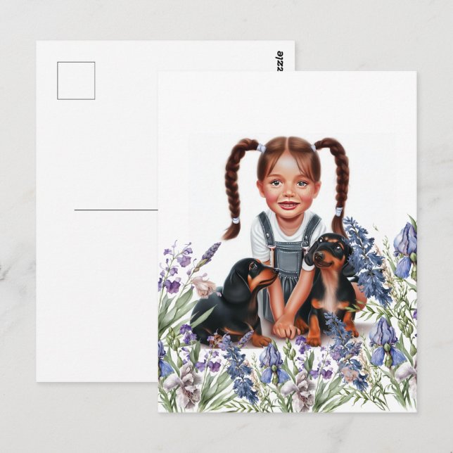 Little Girl with Dachshund Puppies Postcard (Front/Back)