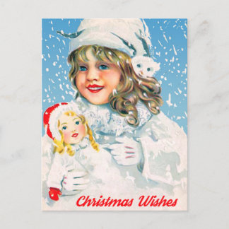 Little Girl with Doll Wish You a Merry Christmas Holiday Postcard