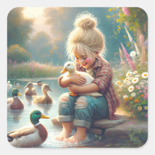 Little Girl With Ducks Square Sticker