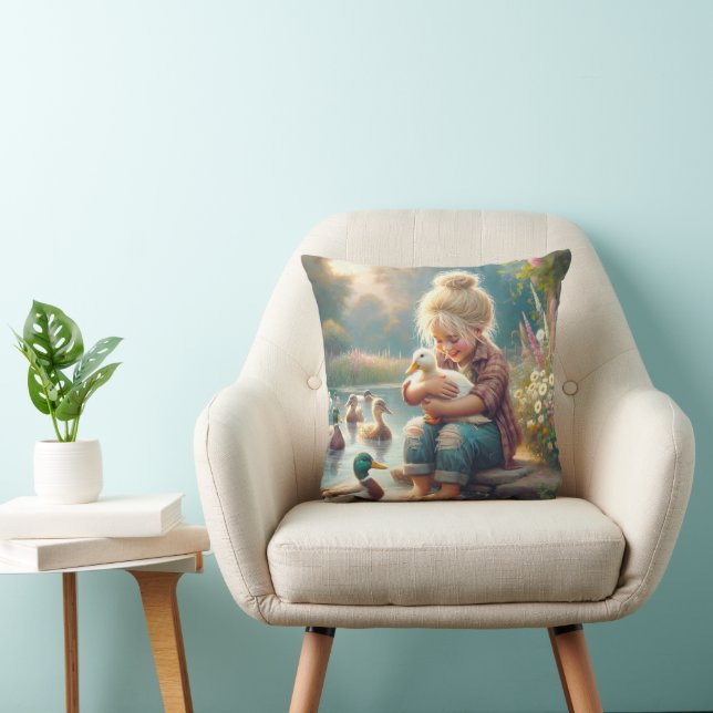 Little Girl With Ducks  Throw Pillow (Chair)