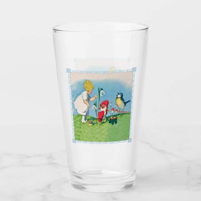 Little Girl With Easter Elves Lily Flower Bird Glass (Front)