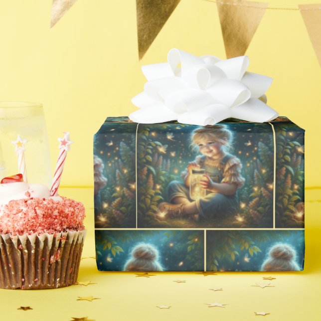 Little Girl With Fireflies In Jar Wrapping Paper (Birthday Party)