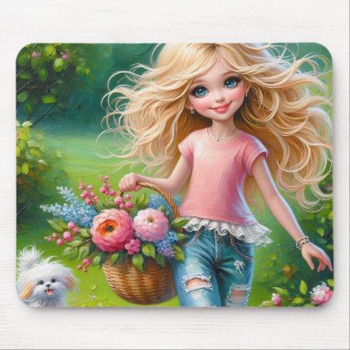 Little Girl With Flower Basket Mouse Pad