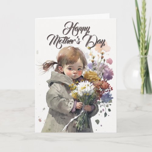 Little Girl With Flower Bouquet Mothers Day Card