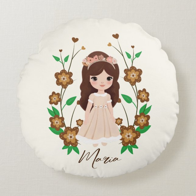 Little girl with flowers round pillow (Front)