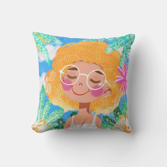 Little Girl with Flowers Throw Pillow (Front)
