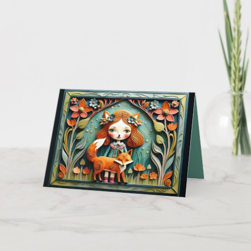 Little Girl with Fox Inspired by Folk Art GC1 Holiday Card