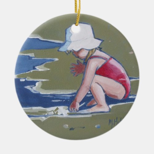 Little girl with hat on beach with waves ceramic ornament