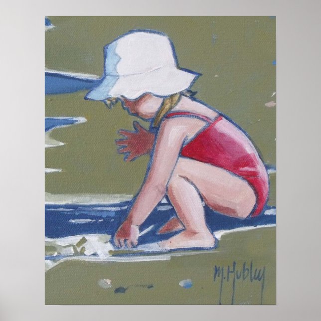 Little girl with hat on beach with waves poster (Front)