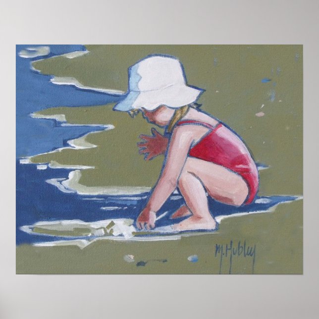 Little girl with hat on beach with waves poster (Front)
