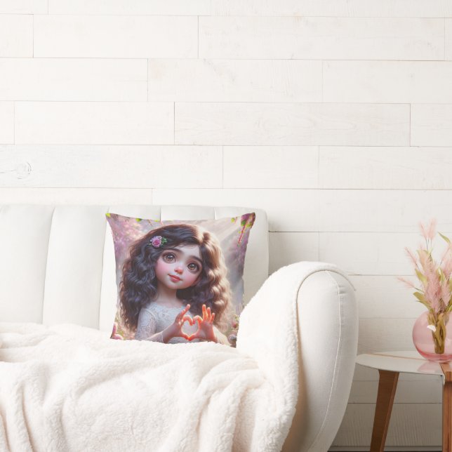 Little Girl With Heart Sign Throw Pillow (Couch)
