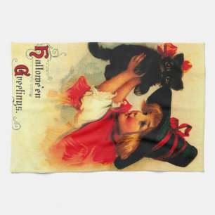 Little Girl With Her Black Cat Towel