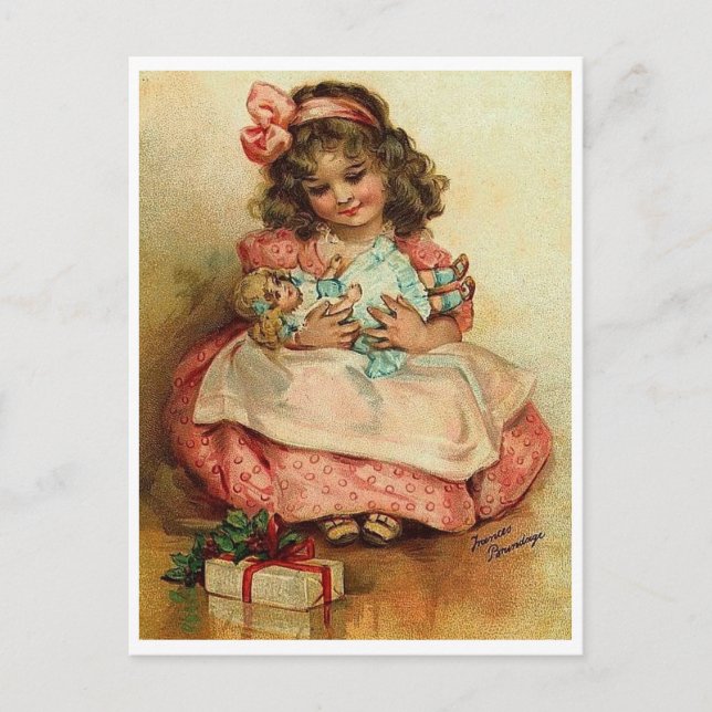 Little girl with her doll and Christmas gift Postcard (Front)