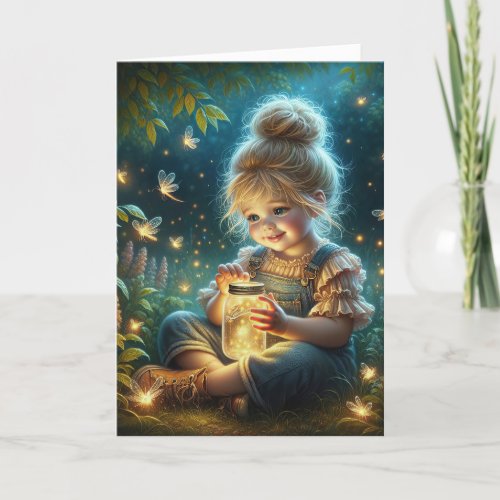 Little Girl With Jar of Fireflies Card