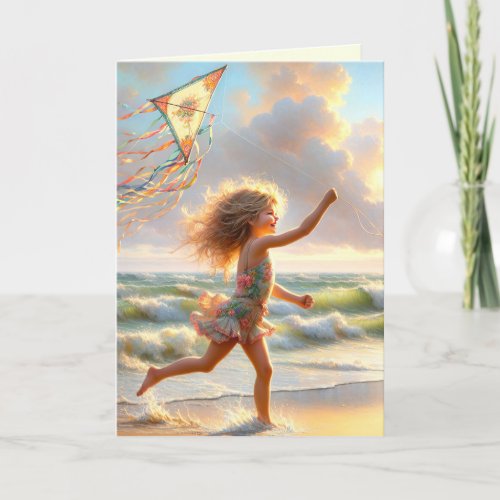 Little Girl With Kite On A Beach Card