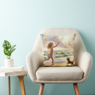 Little Girl With Kite On A Beach Throw Pillow
