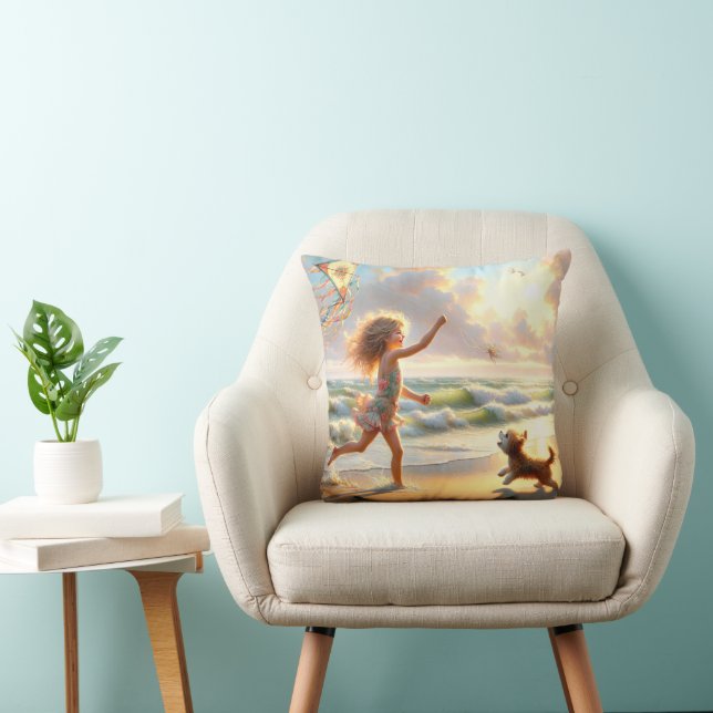 Little Girl With Kite On A Beach Throw Pillow (Chair)