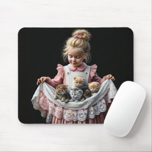 Little Girl With Kittens In Her Apron Mouse Pad