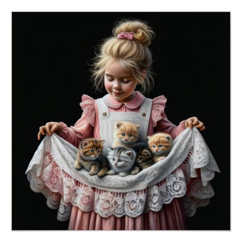 Little Girl With Kittens In Her Apron Poster