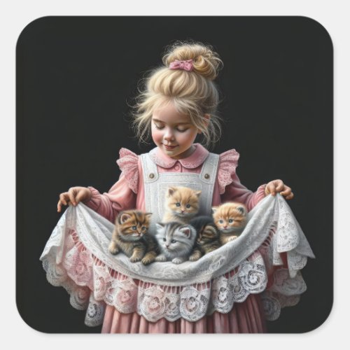 Little Girl With Kittens In Her Apron Square Sticker